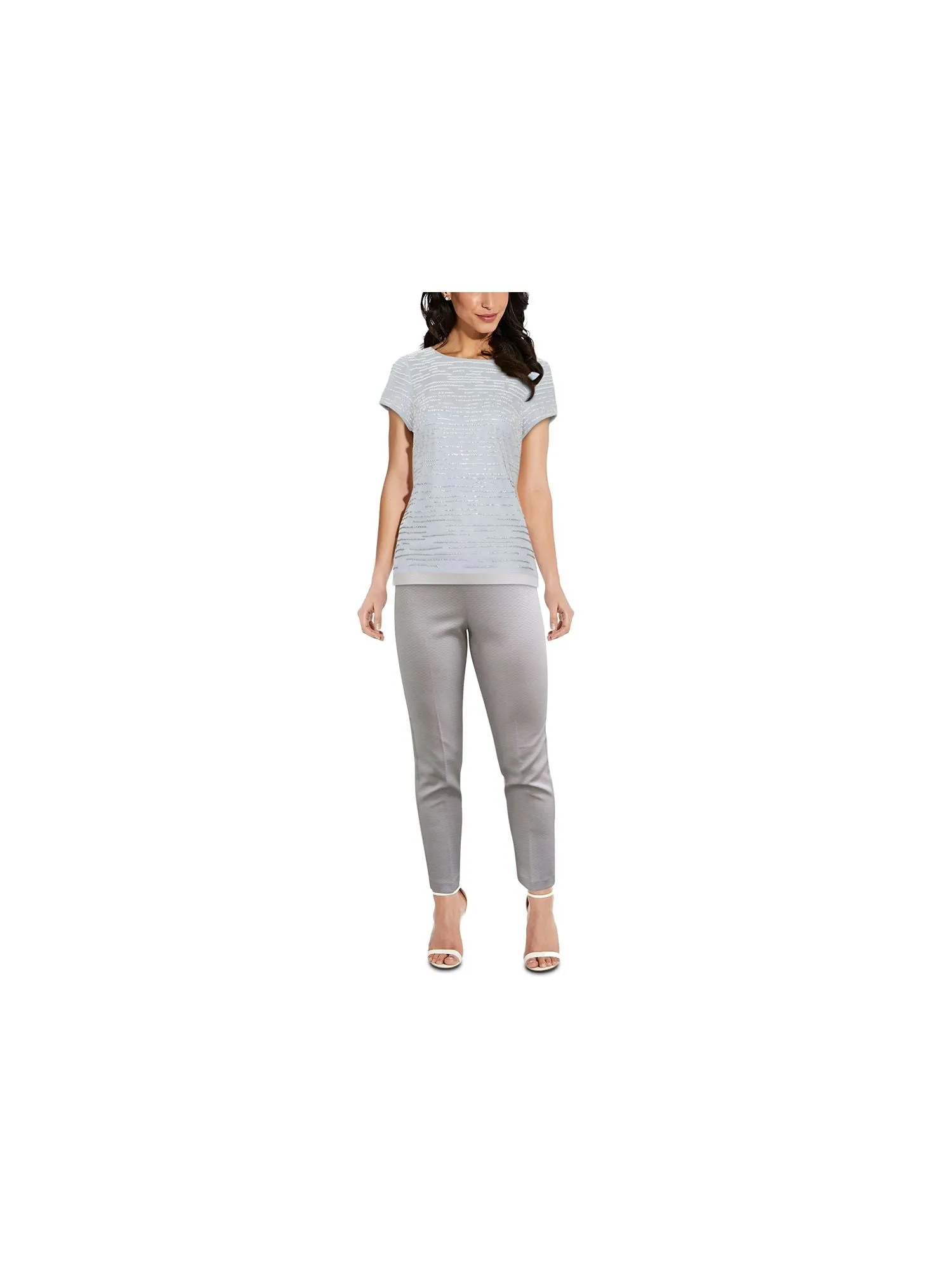 ADRIANNA PAPELL Womens Blue Sequined Zippered Printed Short Sleeve Scoop Neck Cocktail Top