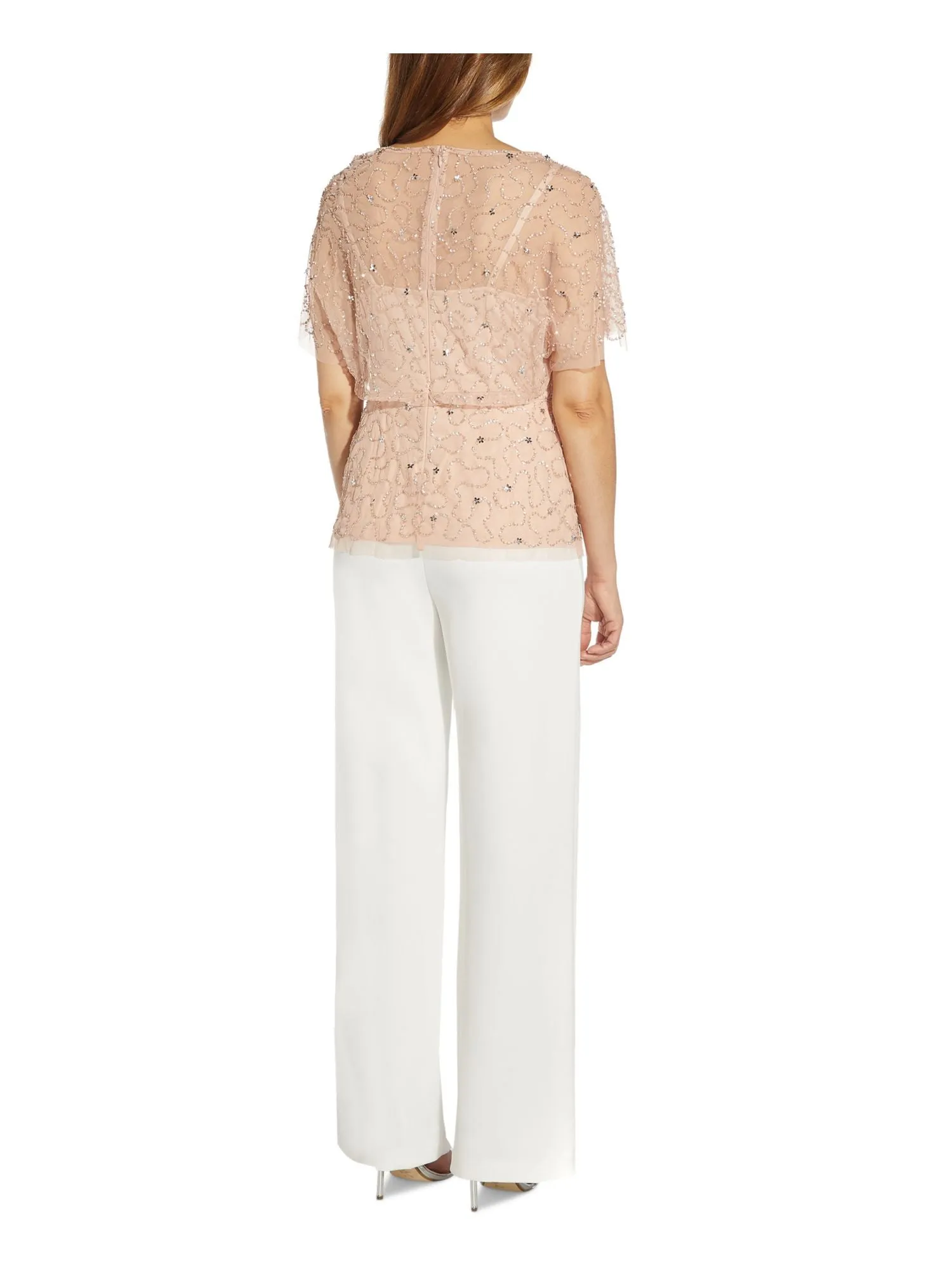 ADRIANNA PAPELL Womens Pink Embellished Zippered Lined Flutter Sleeve V Neck Party Blouse