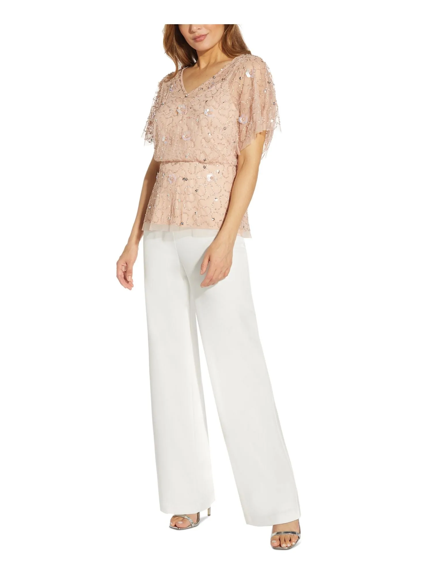 ADRIANNA PAPELL Womens Pink Embellished Zippered Lined Flutter Sleeve V Neck Party Blouse