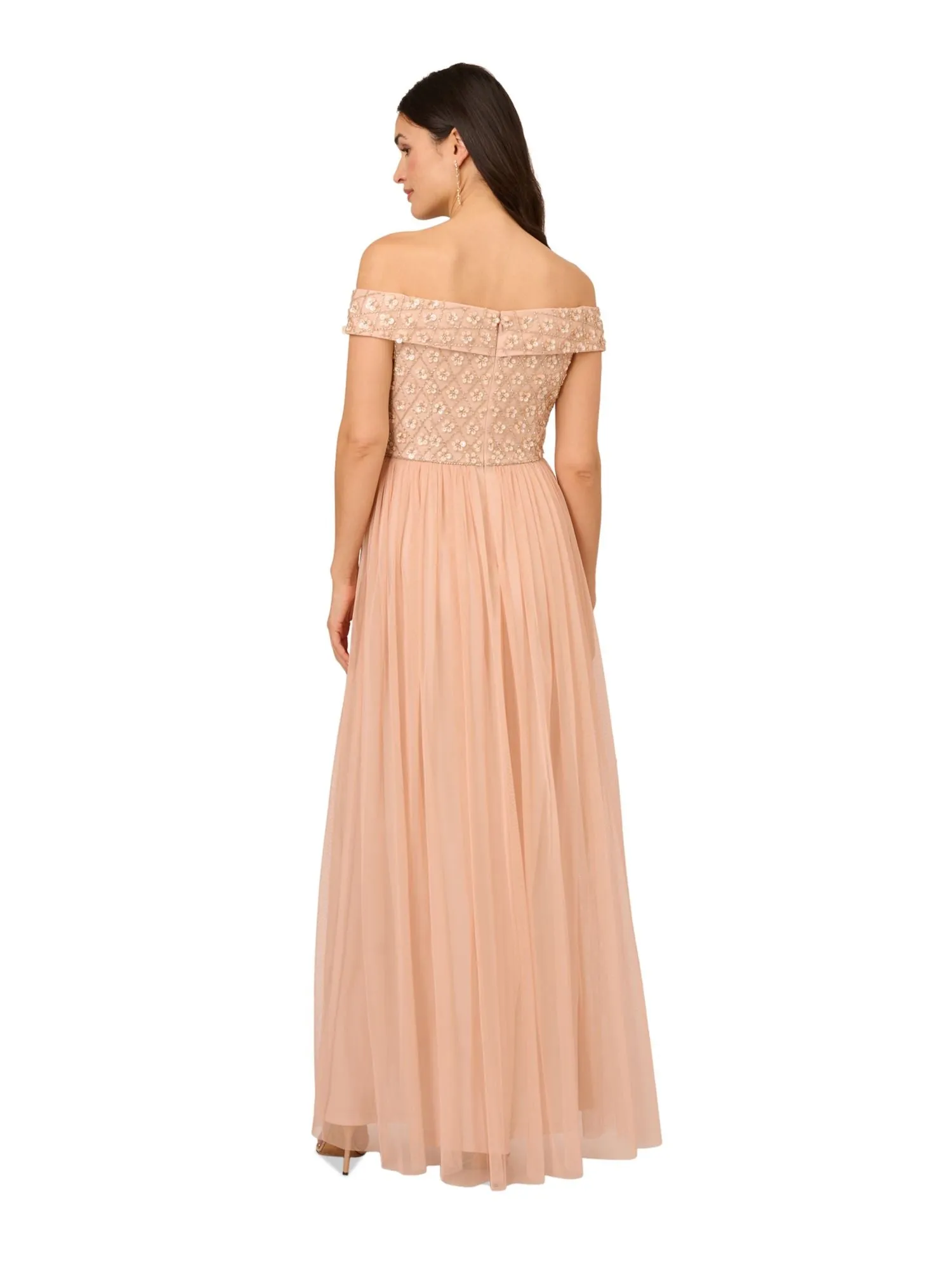ADRIANNA PAPELL Womens Pink Mesh Zippered Slitted Lined Short Sleeve Off Shoulder Full-Length Evening Gown Dress