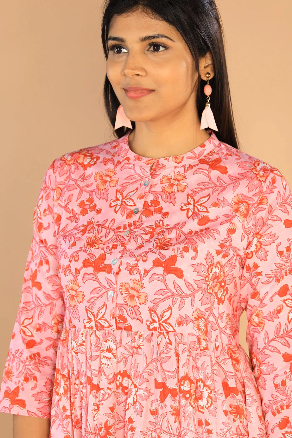 Floral Sanganeri hand block printed cotton dress