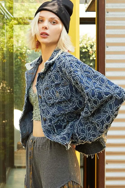 Flower Textured Raw Hem Denim Jacket