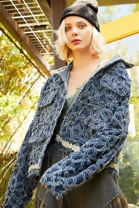 Flower Textured Raw Hem Denim Jacket