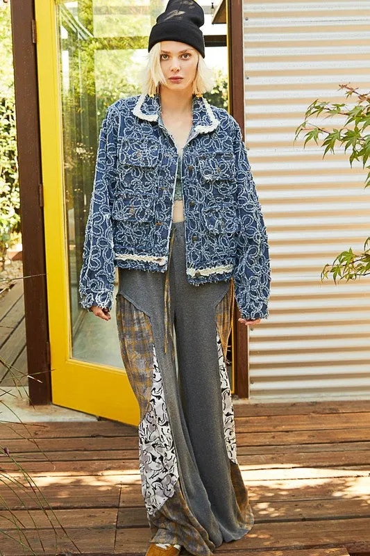 Flower Textured Raw Hem Denim Jacket