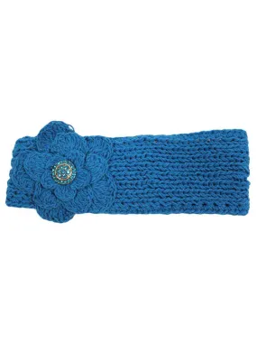Hand Knit Headband With Rhinestone Flower