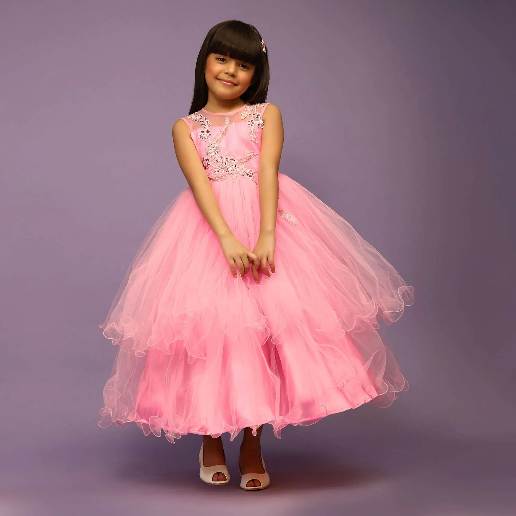 Kalki Girls Candy Pink Gown With Net Frill Layers And Sequins Embroidered Floral Design
