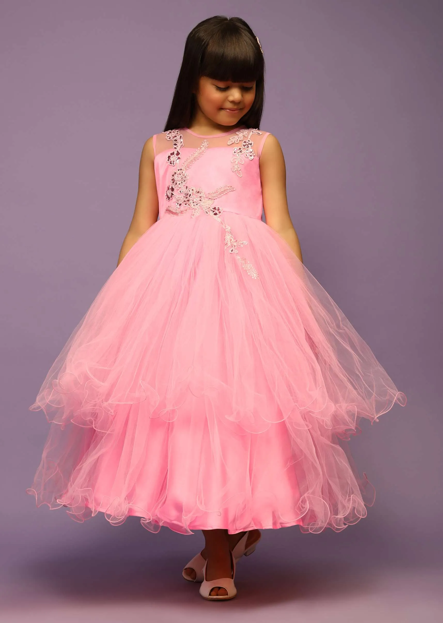 Kalki Girls Candy Pink Gown With Net Frill Layers And Sequins Embroidered Floral Design