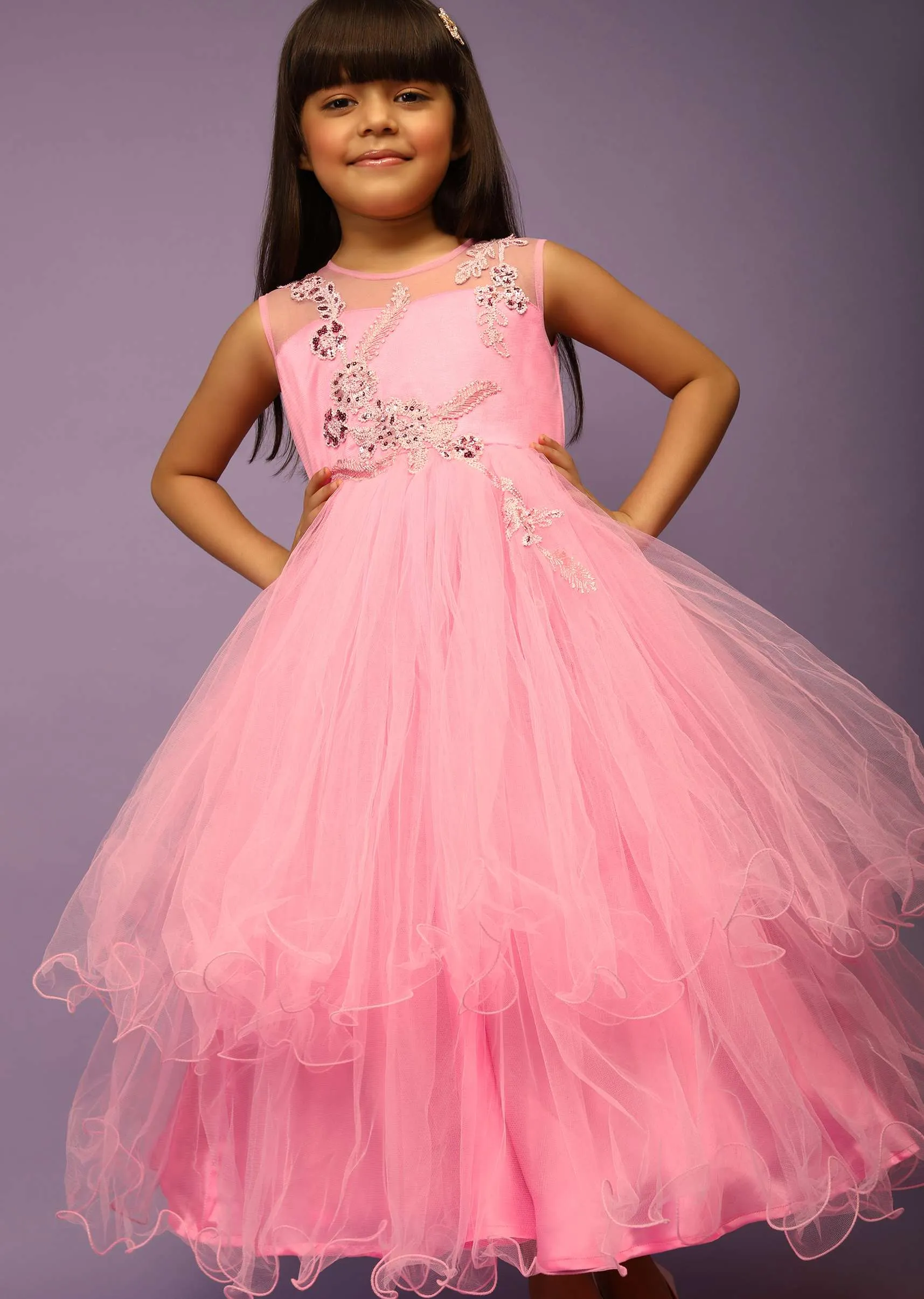 Kalki Girls Candy Pink Gown With Net Frill Layers And Sequins Embroidered Floral Design