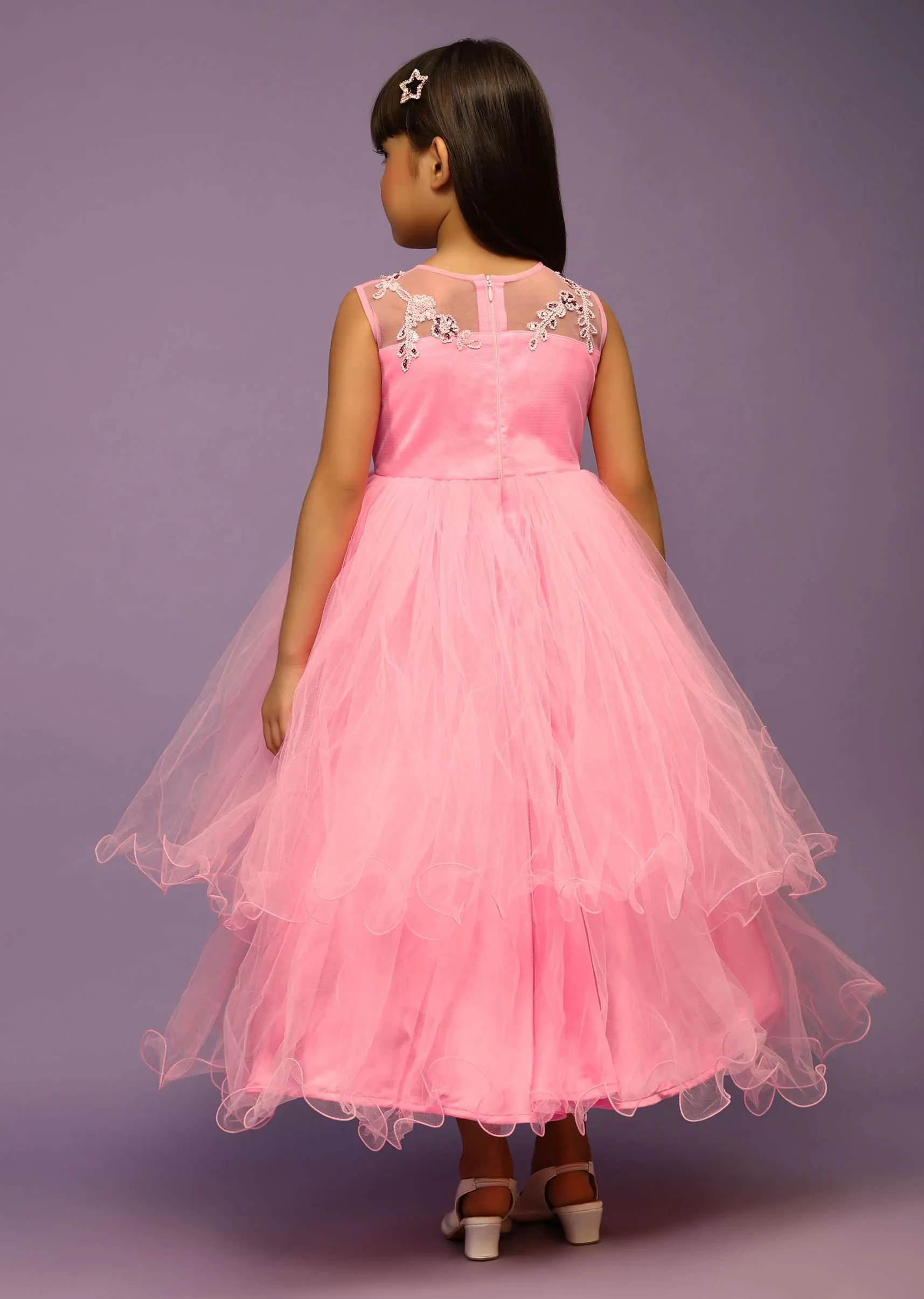 Kalki Girls Candy Pink Gown With Net Frill Layers And Sequins Embroidered Floral Design
