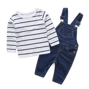 Mother & kids Striped baby boy clothes newborn long sleeve t-shirt   denim overalls newborn clothes casual baby clothing set