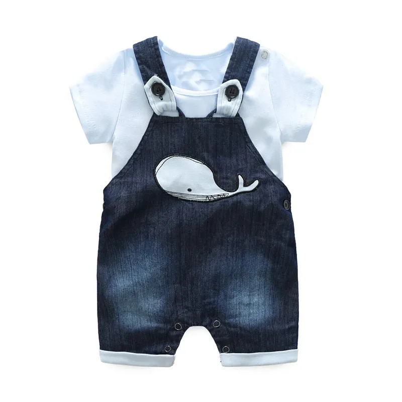 Mother & kids Striped baby boy clothes newborn long sleeve t-shirt   denim overalls newborn clothes casual baby clothing set