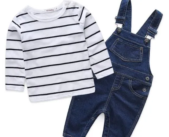 Mother & kids Striped baby boy clothes newborn long sleeve t-shirt   denim overalls newborn clothes casual baby clothing set