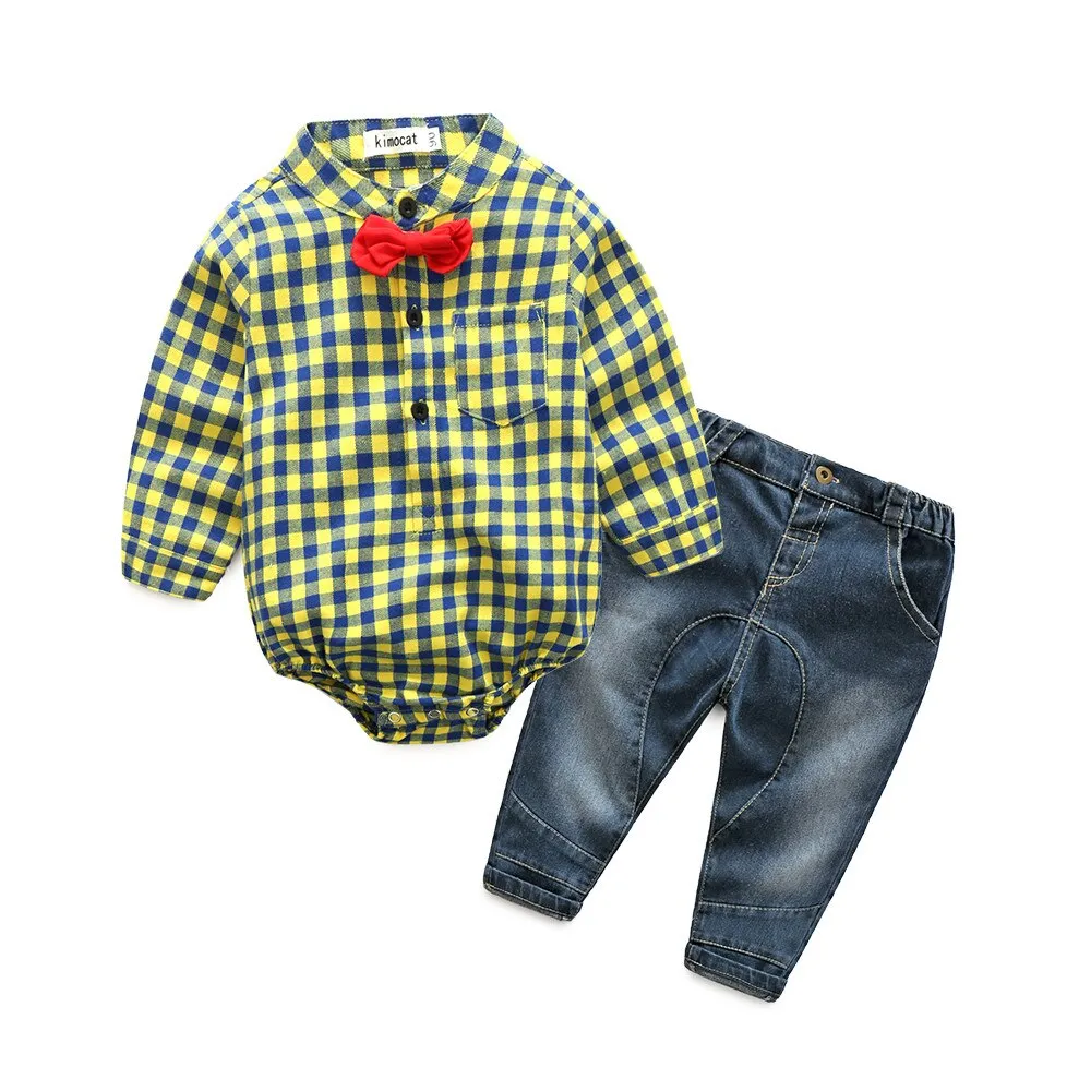 Mother & kids Striped baby boy clothes newborn long sleeve t-shirt   denim overalls newborn clothes casual baby clothing set