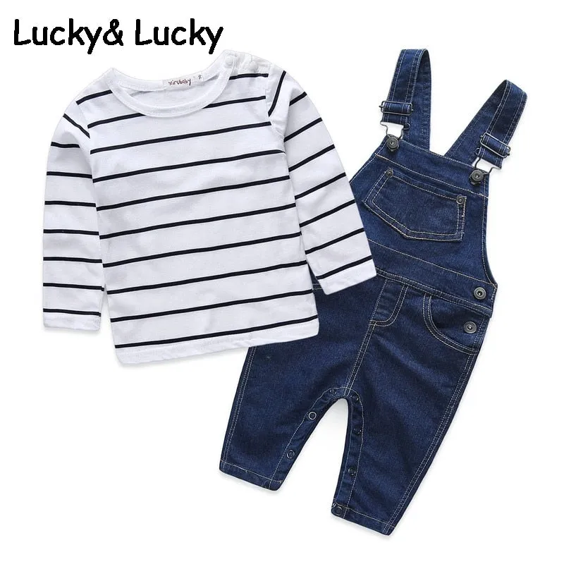 Mother & kids Striped baby boy clothes newborn long sleeve t-shirt   denim overalls newborn clothes casual baby clothing set