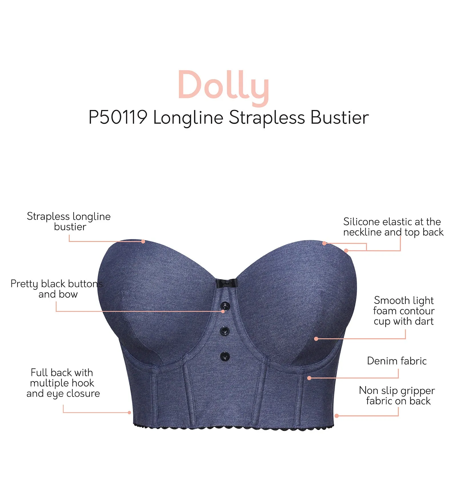 Parfait Dolly Longline Strapless Underwire Bustier (P50118) - Dark Blue Denim