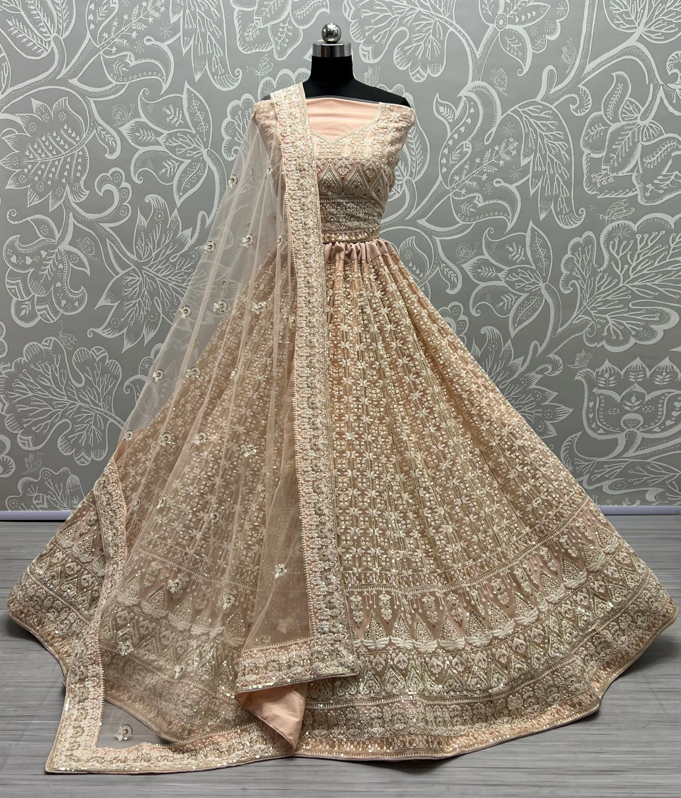 Peach Bridal Silk Lehenga with Pure Net and Sequins Work Patterned thread work Bridal Lehenga Choli