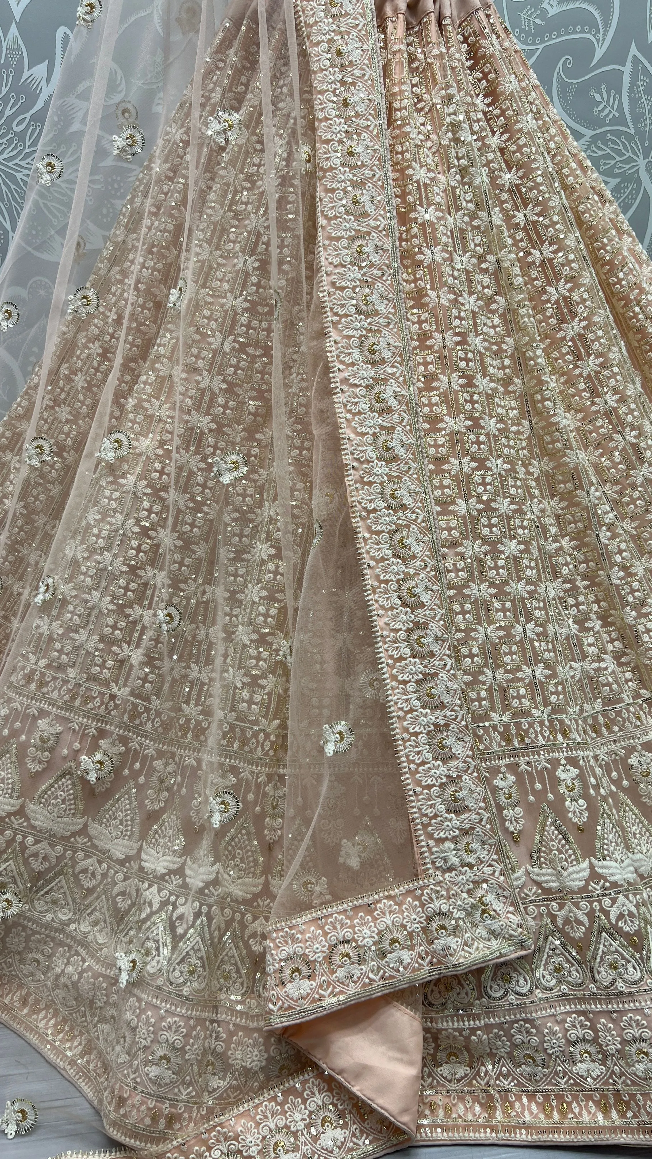 Peach Bridal Silk Lehenga with Pure Net and Sequins Work Patterned thread work Bridal Lehenga Choli