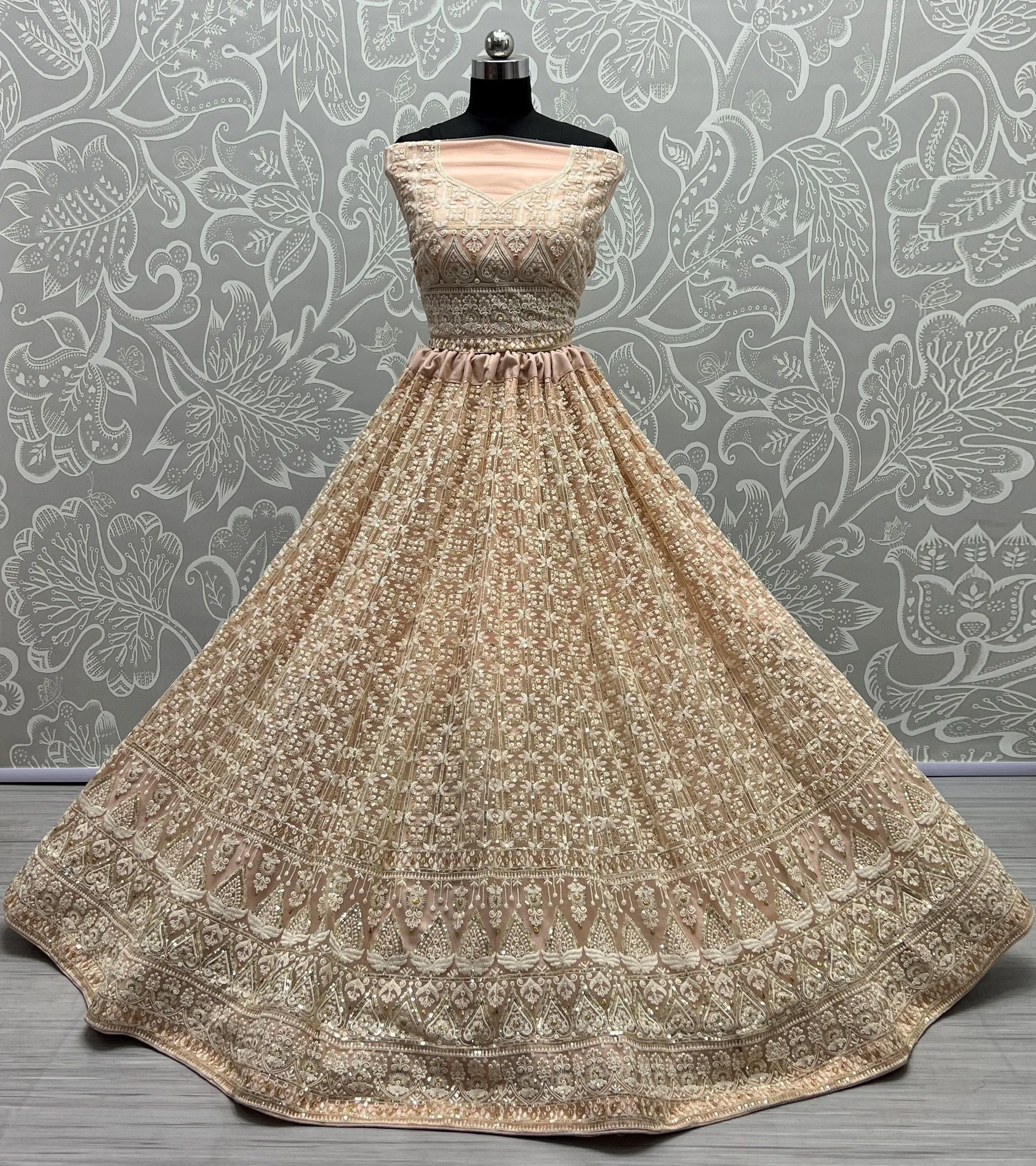 Peach Bridal Silk Lehenga with Pure Net and Sequins Work Patterned thread work Bridal Lehenga Choli