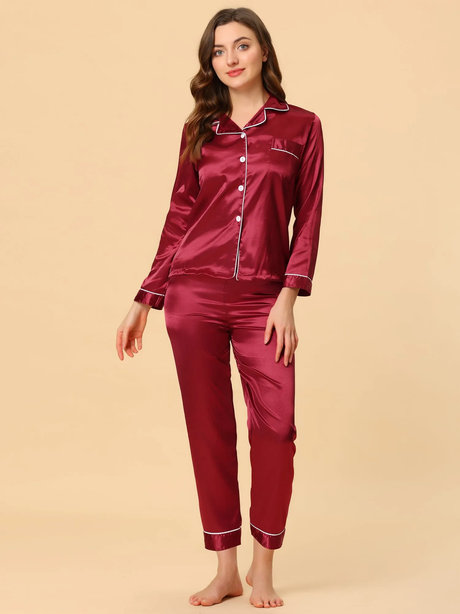 Satin Sleepwear Button Down Shirt Pants Lounge Pajama Set