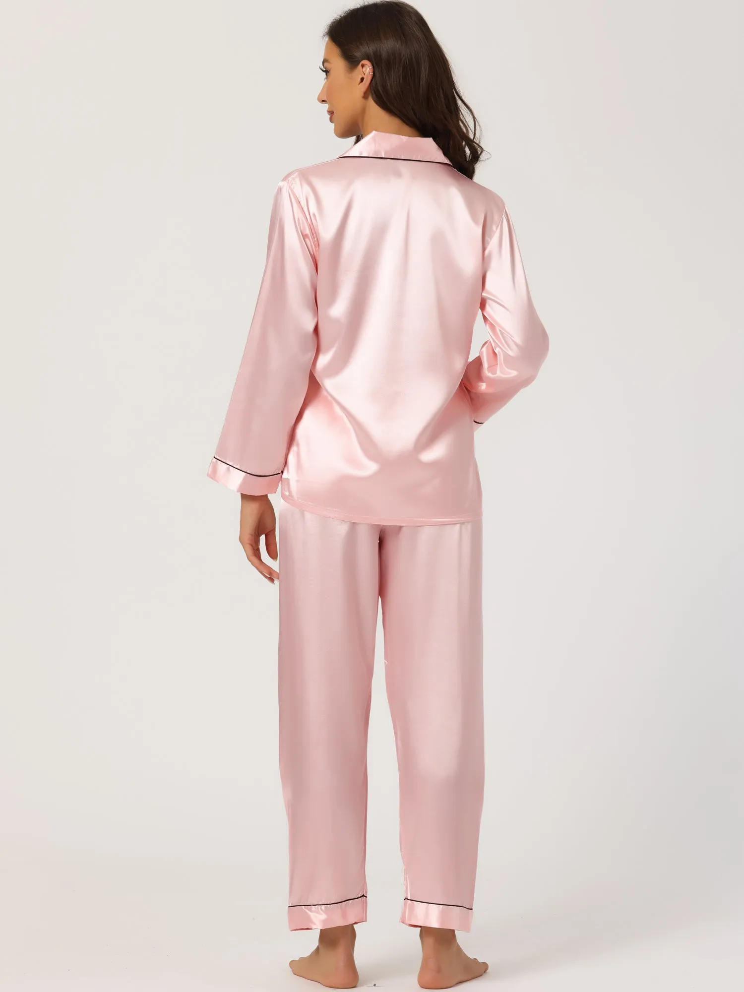 Satin Sleepwear Button Down Shirt Pants Lounge Pajama Set