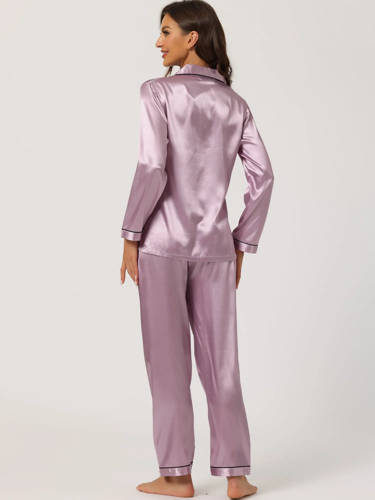 Satin Sleepwear Button Down Shirt Pants Lounge Pajama Set