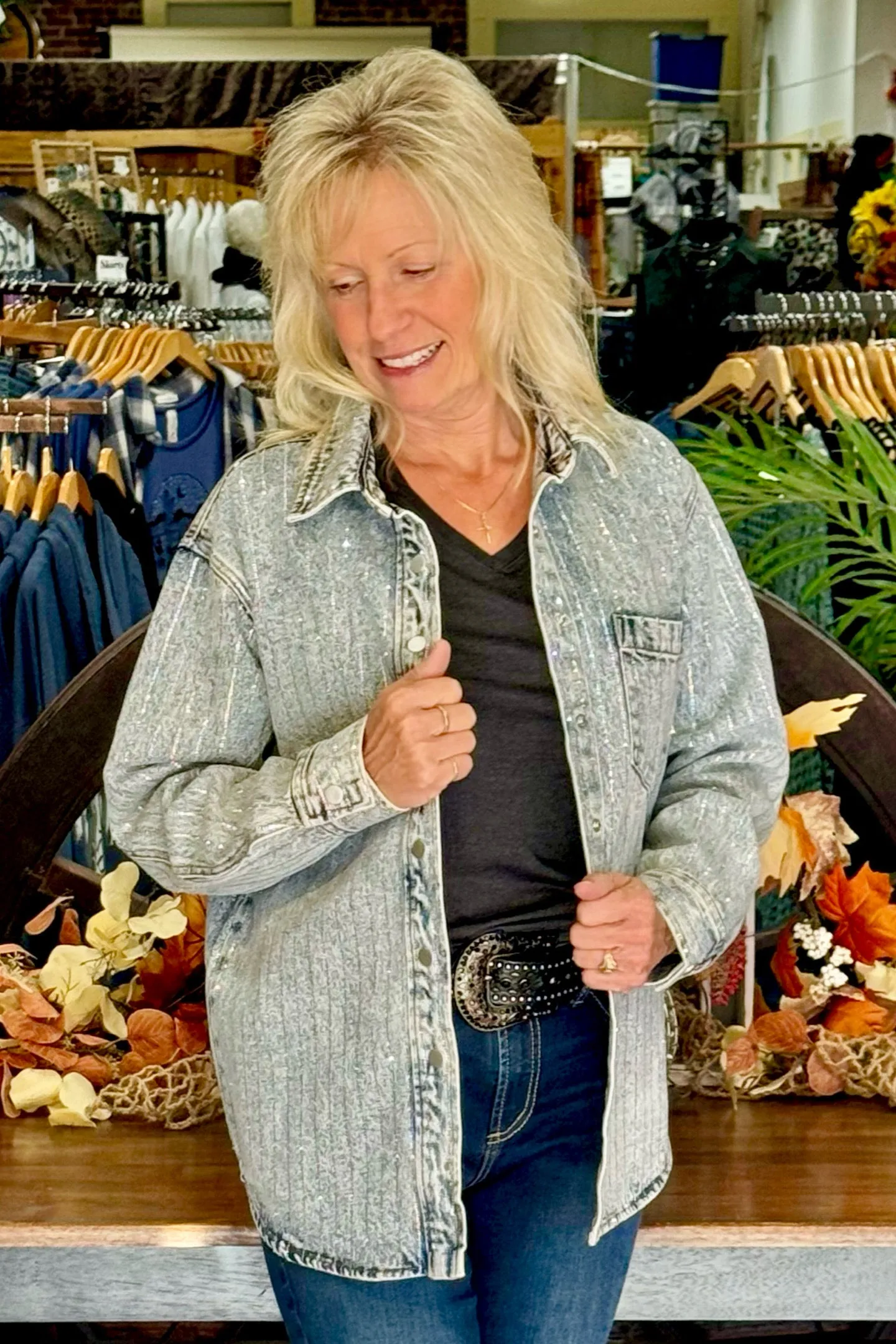 Sparkle Stripe Boyfriend Jacket - Denim