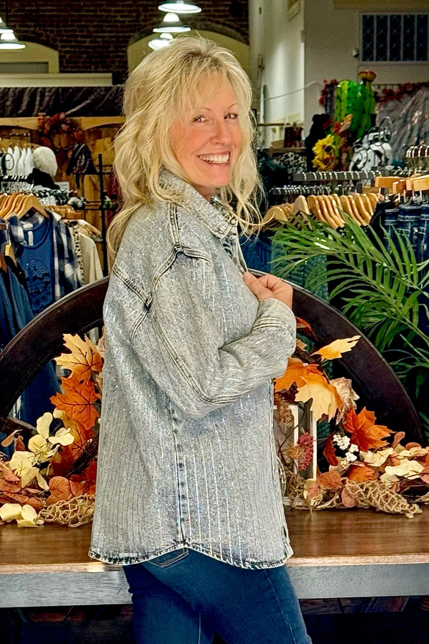Sparkle Stripe Boyfriend Jacket - Denim