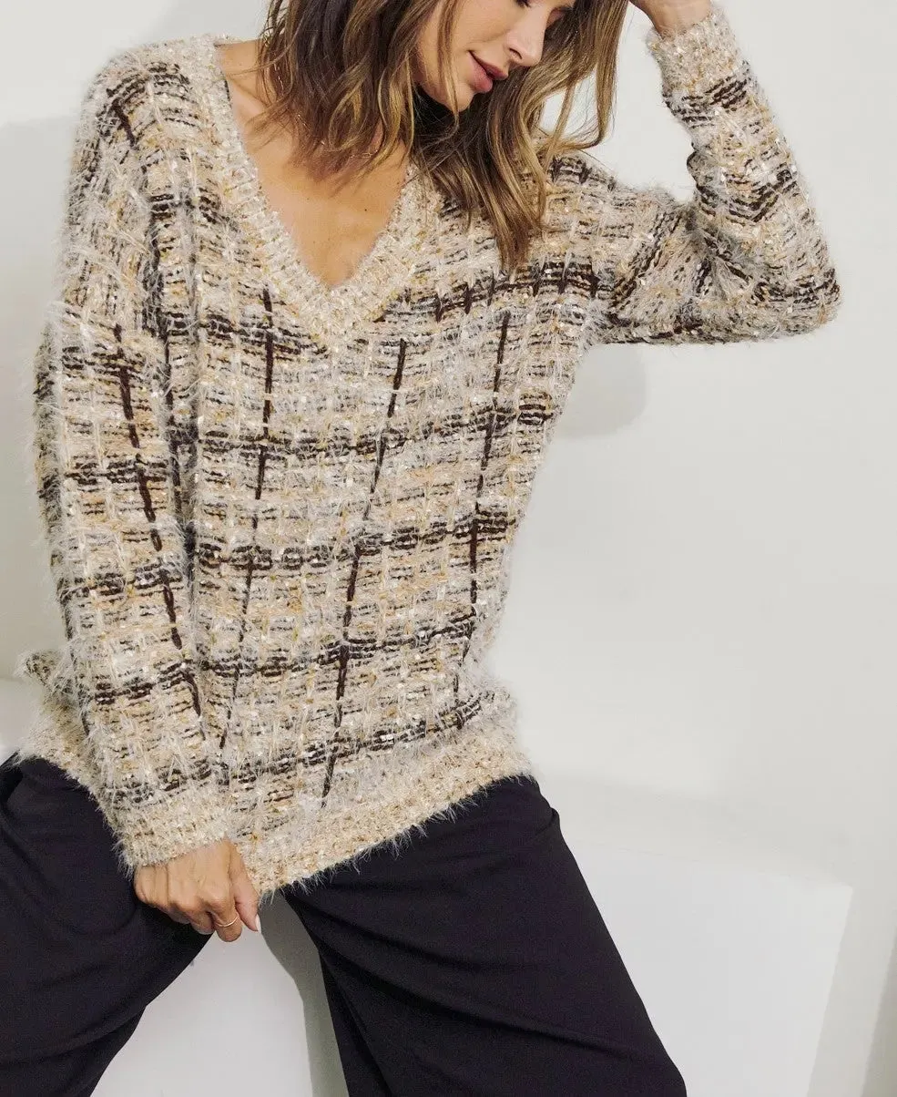 Textured Brown Plaid Pullover Sweater