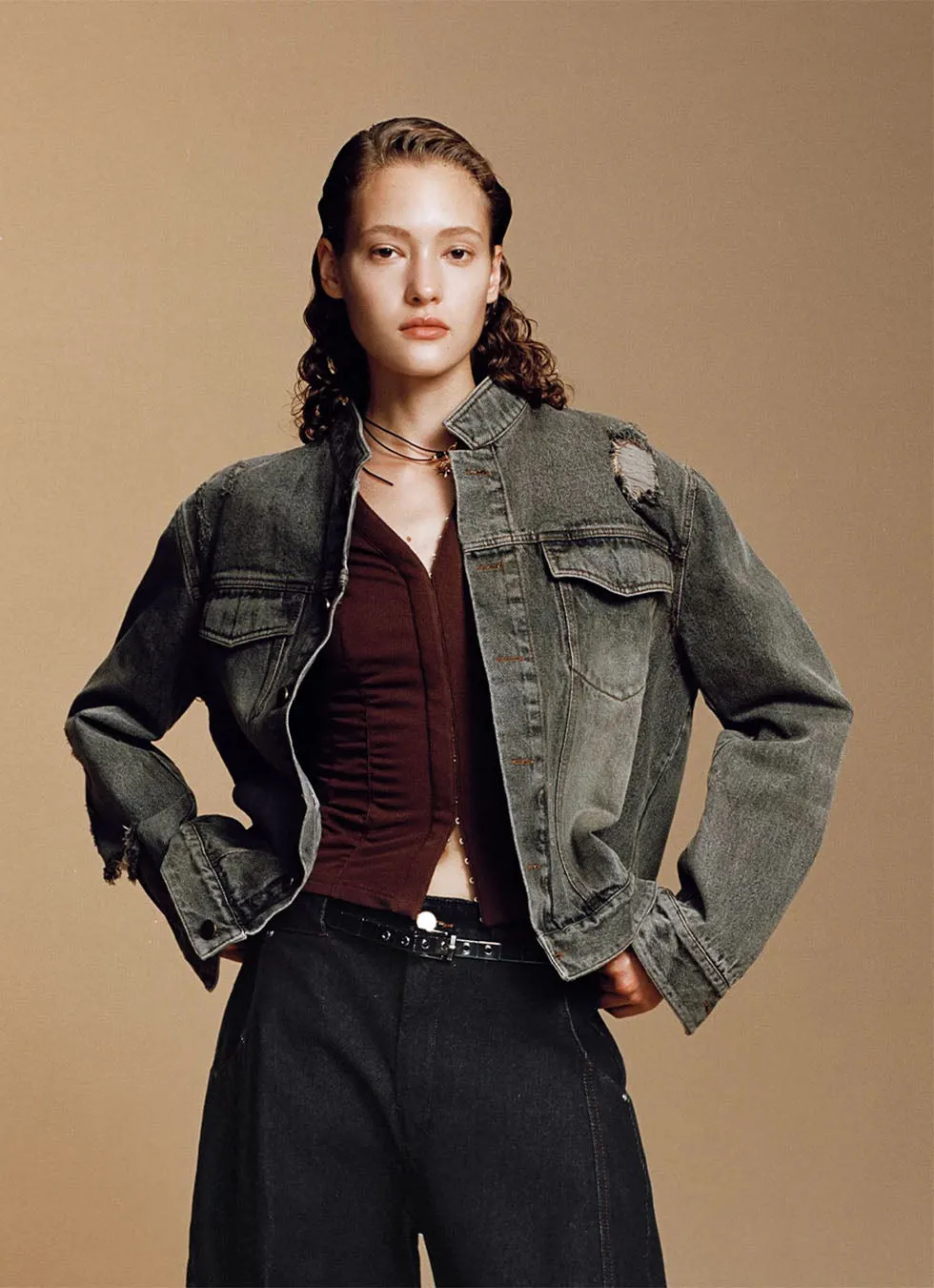 Washed Stand Collar Denim Jacket