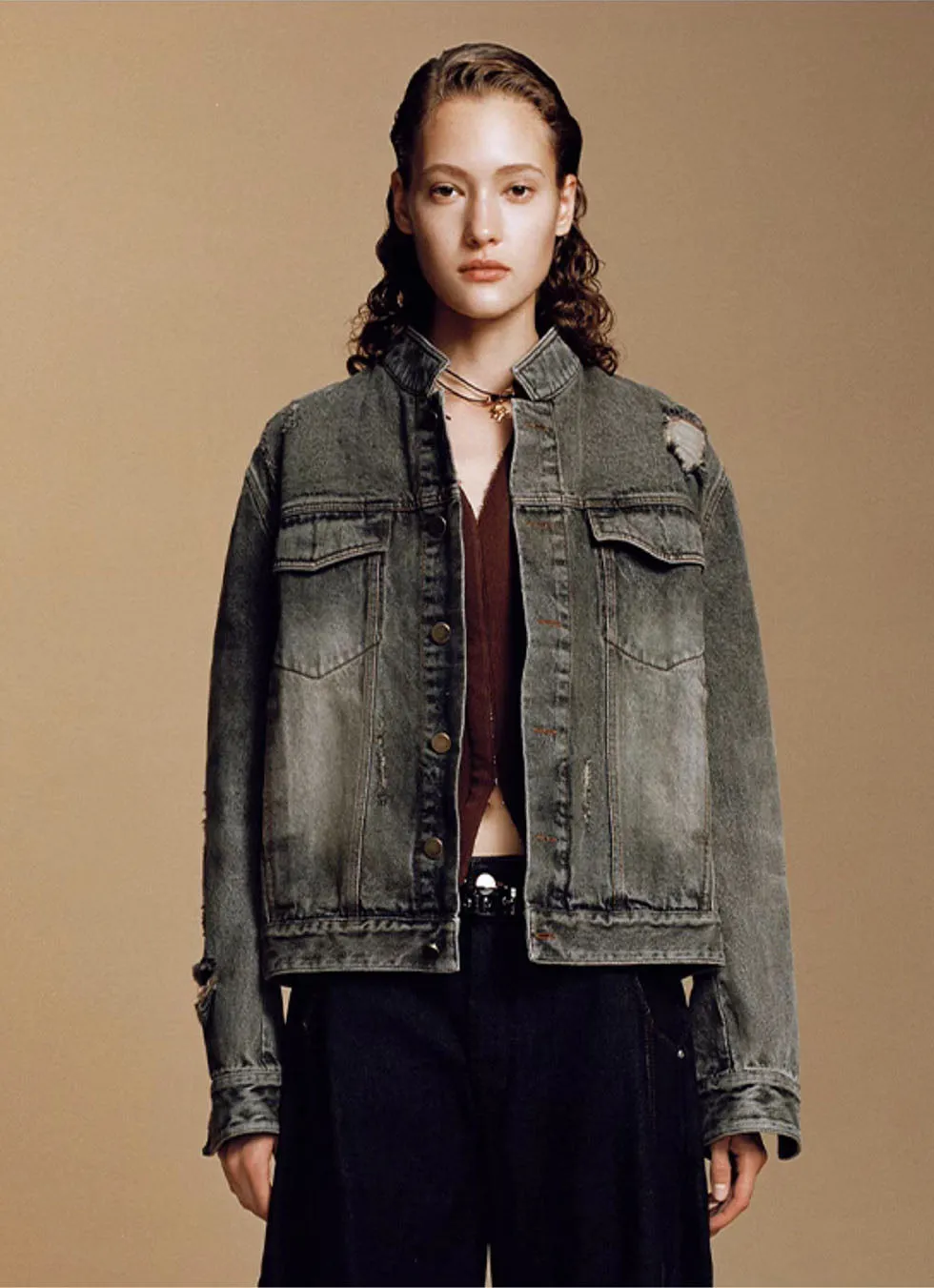 Washed Stand Collar Denim Jacket