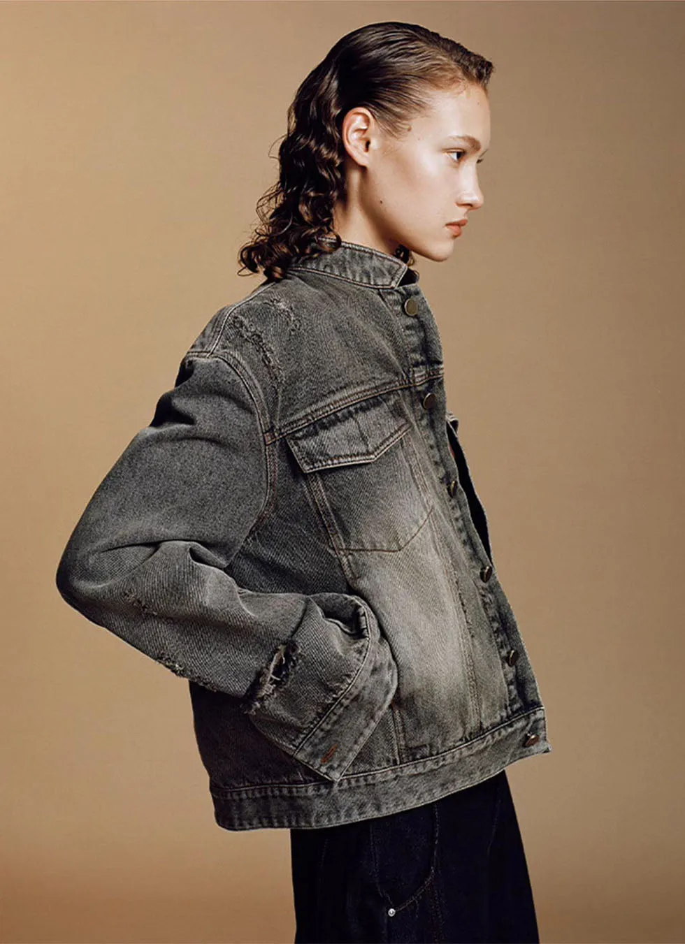 Washed Stand Collar Denim Jacket