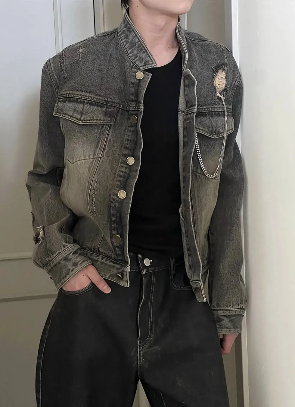 Washed Stand Collar Denim Jacket