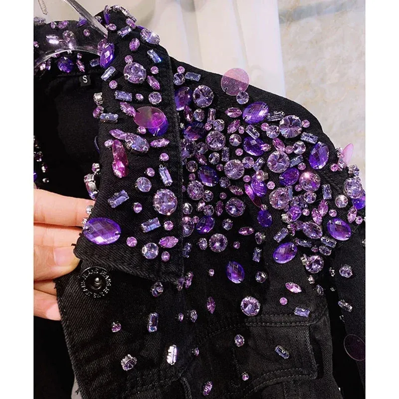 Women Purple Sequins Diamonds Beaded Denim Jacket Handmade Rhinestones Jeans Coat Crystal Cowboy Long Sleeve Outerwear Jaquetas
