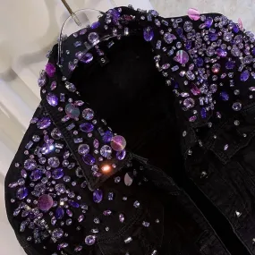 Women Purple Sequins Diamonds Beaded Denim Jacket Handmade Rhinestones Jeans Coat Crystal Cowboy Long Sleeve Outerwear Jaquetas