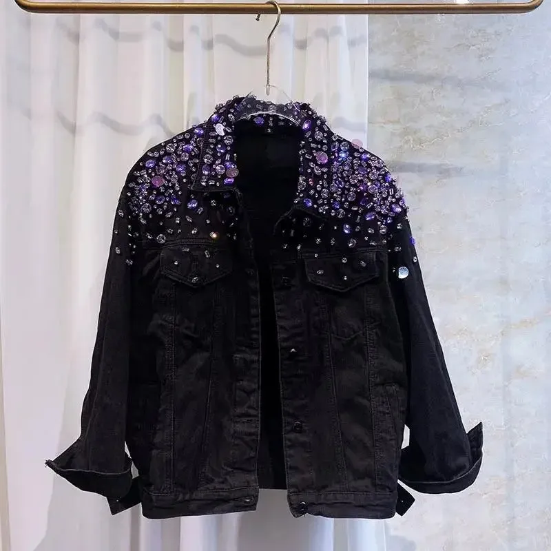 Women Purple Sequins Diamonds Beaded Denim Jacket Handmade Rhinestones Jeans Coat Crystal Cowboy Long Sleeve Outerwear Jaquetas