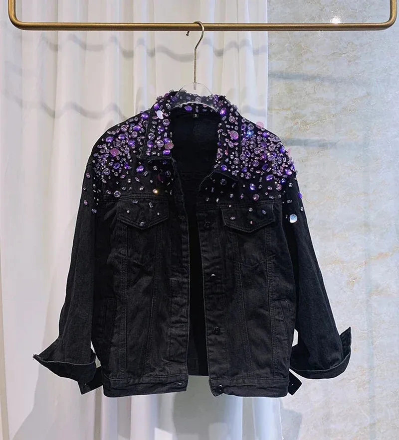Women Purple Sequins Diamonds Beaded Denim Jacket Handmade Rhinestones Jeans Coat Crystal Cowboy Long Sleeve Outerwear Jaquetas