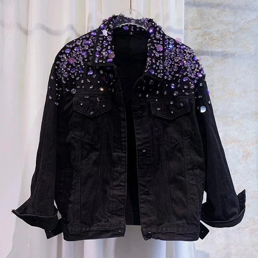 Women Purple Sequins Diamonds Beaded Denim Jacket Handmade Rhinestones Jeans Coat Crystal Cowboy Long Sleeve Outerwear Jaquetas
