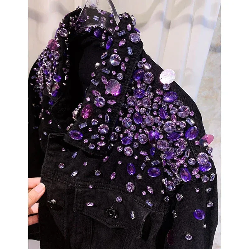 Women Purple Sequins Diamonds Beaded Denim Jacket Handmade Rhinestones Jeans Coat Crystal Cowboy Long Sleeve Outerwear Jaquetas
